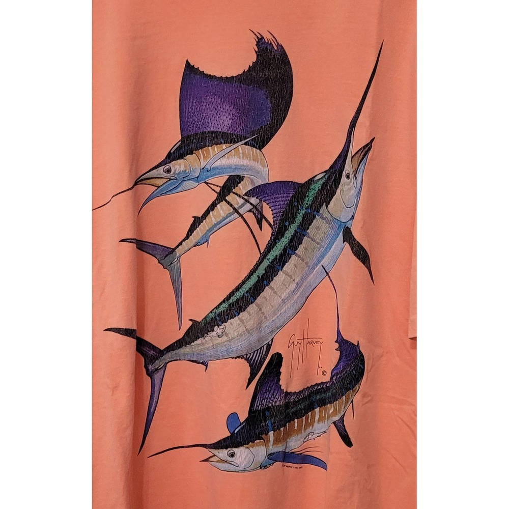 Guy Harvey T-Shirt Mens XL Peach Marlin Graphic Short Sleeve Cotton Excellent